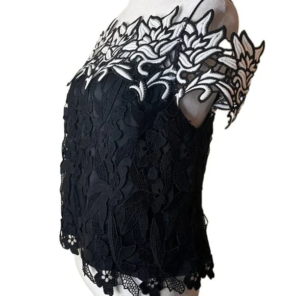 Topshop Black & White Floral Lace Cold Shoulder / Spaghetti straps Top Size 2 - Picture 8 of 14